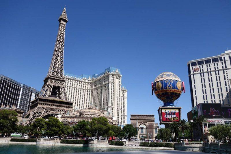 Downtown Vegas strip with Eiffel Tower