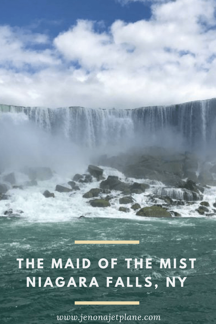 The Maid of the Mist Boat Tour in Niagara Falls is one of the most iconic waterfalls in the world. Located on the border between the US and Canada, Niagara Falls is a great place to visit when visiting either country. The Maid of the Mist takes you up close to Niagara Falls, and you will get wet! Save this to your travel board for inspiration. #boattour #maidofthemist #niagarafalls