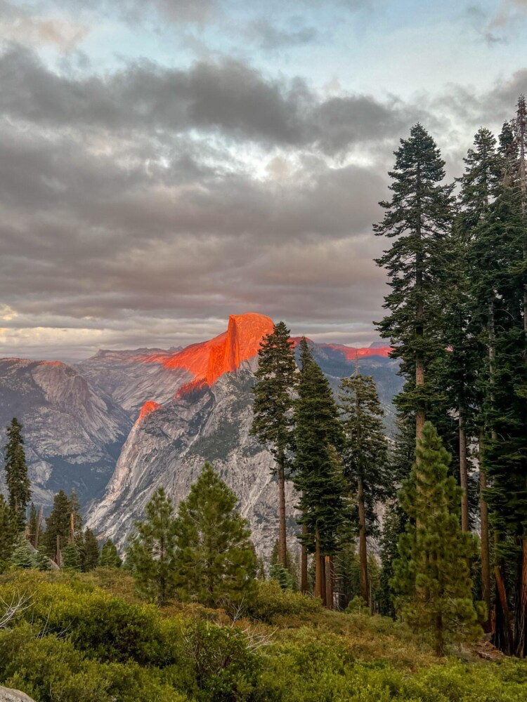 Sun rays lighting up Half Dome