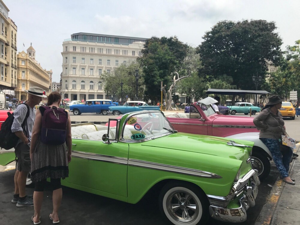 Classic cars lined up on the street