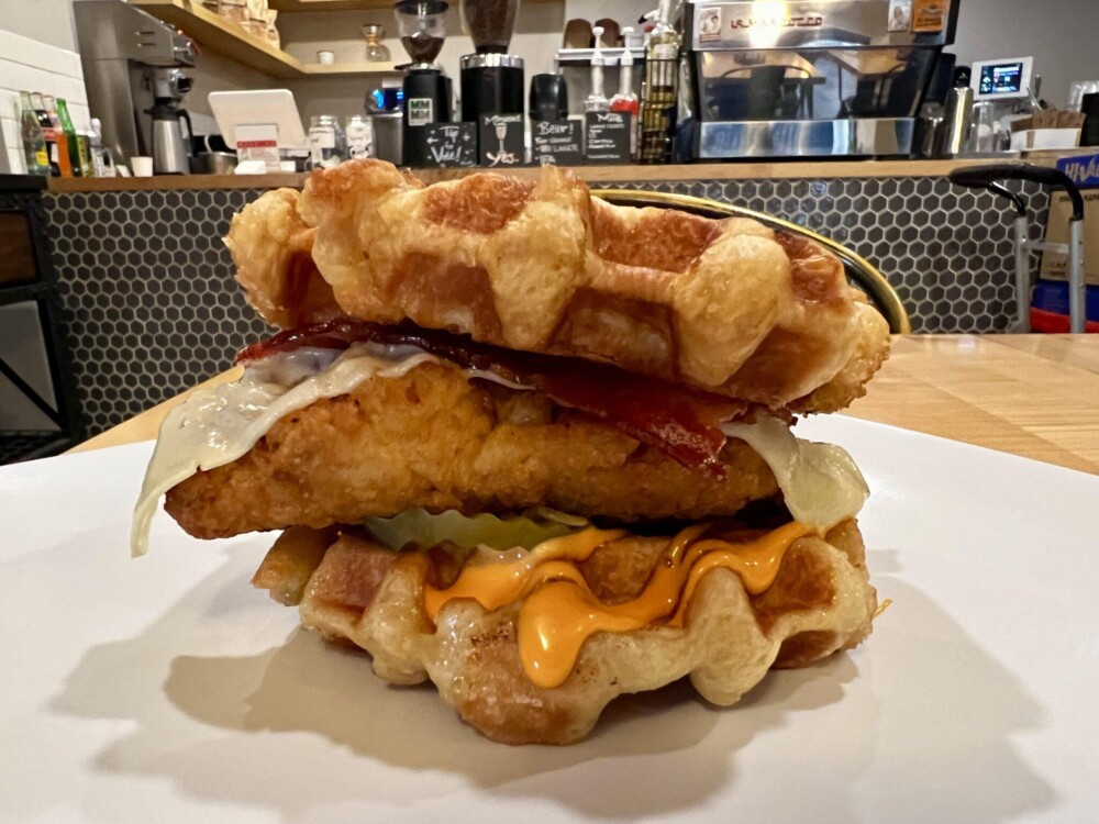 Fluffy waffle chicken breakfast sandwich