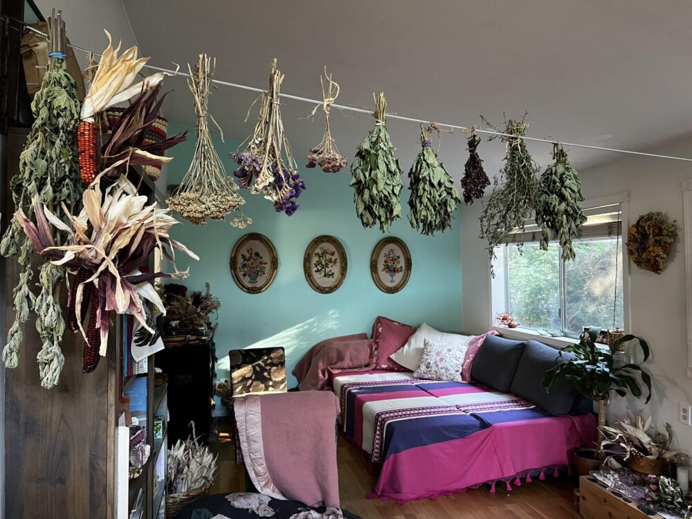 Energy clearing space with hanging herbs
