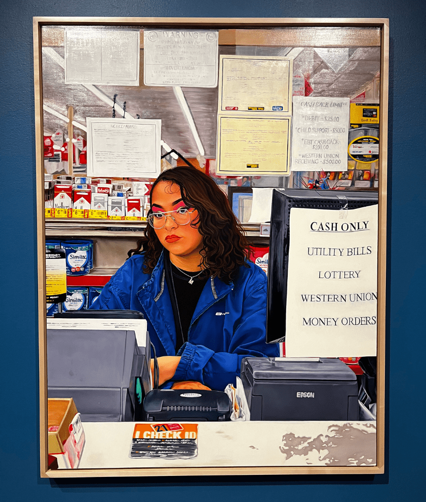 Painting showing Latina appearing woman working as a cashier